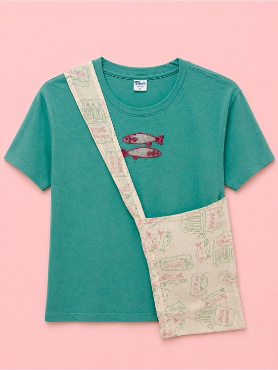 Vibe ‘n Tops - Woman’s Teal Fish Embroidered Tee Sardines Graphic, Crossbody Bag, NWT 🩷💚🩷XL